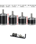 Four 36mm planetary gear motor gearboxes for brushed DC motors, sizes with 8mm shafts, alongside gears and tools.