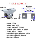 Set Of Four Lightweight TPE Caster Wheels With Brakes For Furniture And Home Office, 1-inch guide wheel, dimensions labeled