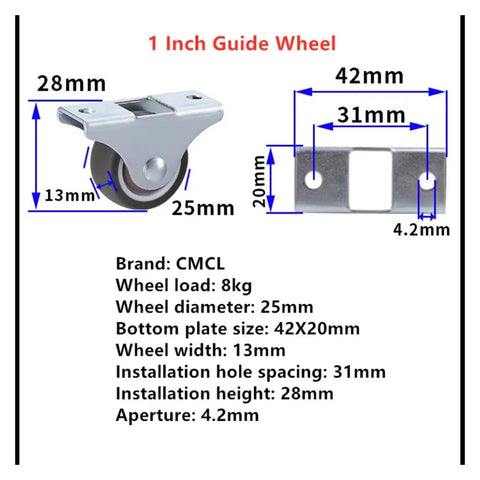 Set Of Four Lightweight TPE Caster Wheels With Brakes For Furniture And Home Office, 1-inch guide wheel, dimensions labeled