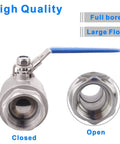 Close-up of Stainless Steel 304 Ball Valve Full Port Heavy Duty Pro Grade For WOG With Locking Device 3 Inch NPT high pressure 1000 PSI, showing open and closed positions.