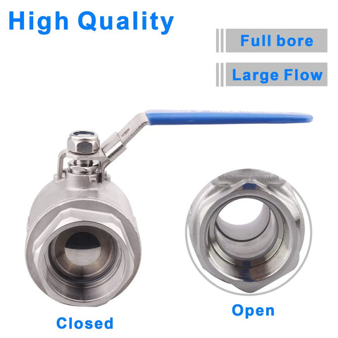 Close-up of Stainless Steel 304 Ball Valve Full Port Heavy Duty Pro Grade For WOG With Locking Device 3 Inch NPT high pressure 1000 PSI, showing open and closed positions.