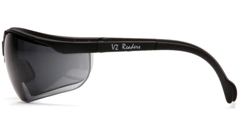 V2 Readers Safety Eyewear Gray Two Diopter Lens Black Frame For Hunting And Everyday Work Durable Eye Protection Glasses Side View