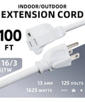 100 Ft Outdoor Extension Cord 16/3 SJTW White Electrical Cable With Three Prong Grounded Plug, Weather Resistant