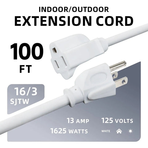 100 Ft Outdoor Extension Cord 16/3 SJTW White Electrical Cable With Three Prong Grounded Plug, Weather Resistant