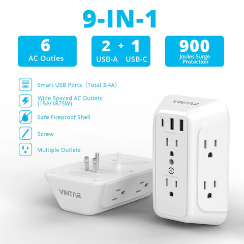 2 Pack USB Wall Charger And Surge Protector With 6 Outlets And 3 USB Ports 1 USB C Fast Charge 3.4A 900J Surge Guard shown