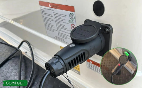 Y-30 Golf Cart Charging Power Cord Built Like A Tank 14 Awg Heavy Duty Workhorse For Coleman Dr48v And Kandi Agm Kruiser 4P Black 16 Ft ETL Listed plug connected to the golf cart.