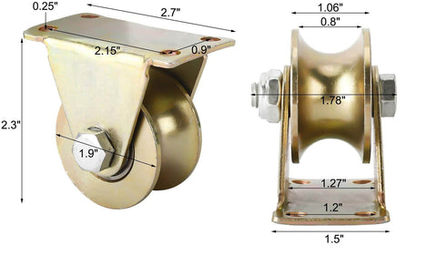Front and side view of 2 Inch U Type Groove Wheel Heavy Duty Rigid Caster With Bracket For Inverted Track Rolling Gate Sliding Gate Industrial Machines Wire Rope Rail Pack Of 4 with measurements.