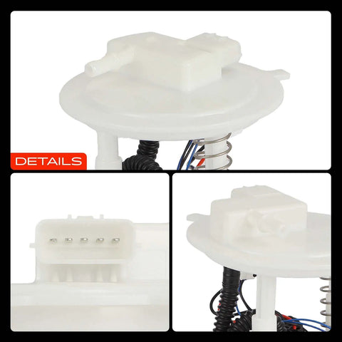 Close-up of Heavy Duty Electric Fuel Pump Module Assembly for Nissan Sentra 13 to 19, showcasing fittings and wiring.