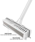 Close-up view of a Floor Scrub Brush With Long Handle Two In One Scrape And Brush Stiff Bristles For Grimy Floors Cleaning Bathroom Kitchen Patio Garage.