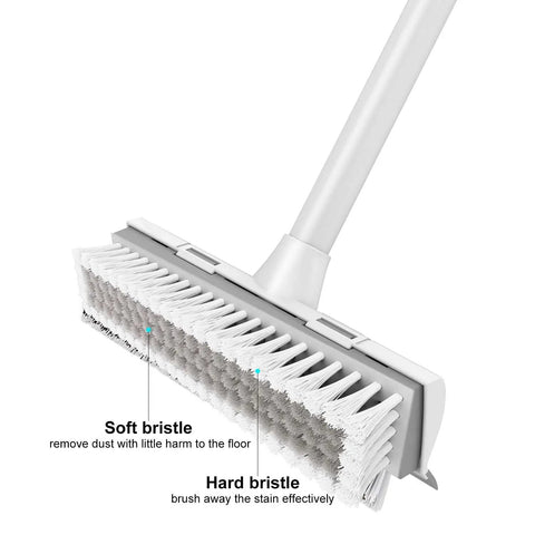 Close-up view of a Floor Scrub Brush With Long Handle Two In One Scrape And Brush Stiff Bristles For Grimy Floors Cleaning Bathroom Kitchen Patio Garage.