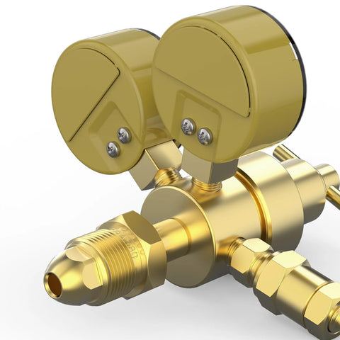 YesWelder argon CO2 welding regulator with dual gauges and CGA580 inlet, brass finish.