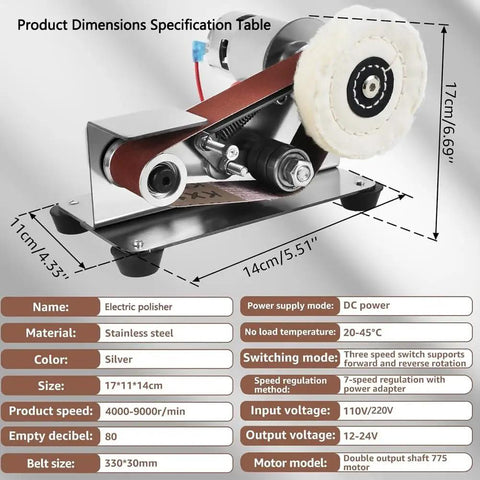 7 Speed Adjustable Buffer Polisher With Electric Belt Sander And Knife Sharpener Attachment, stainless steel, dimensions 17x11x14cm.