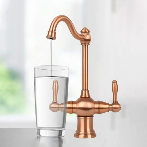 Two-Handle Copper Drinking Water Filter Faucet With Dual Lever Hot And Cold Water dispensing into glass