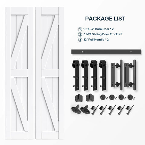 36 Inch By 84 Inch Double Barn Door With 6.6 Feet Sliding Door Hardware And Handle Included, shown unassembled with components.