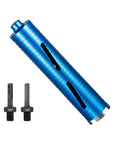 Angled view of SALI blue 2in diamond core drill bit with turbo laser-welded segments and two adapters