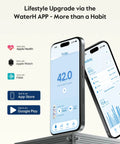 32 Oz Smart Water Bottle Hydration Tracker With Gentle Drink Alarms And Heavy Duty Insulation Keeps Drinks Bone Cold For Hours showing WaterH app interface on smartphone.