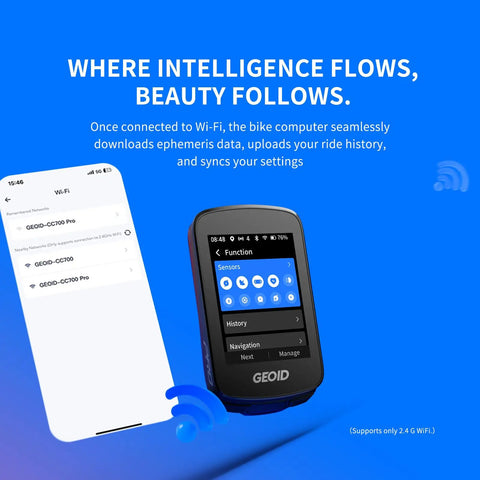 2.8 Inch Color Screen Bike Computer With Wireless Navigation and Reroute Planning WiFi Auto Sync ANT Plus Bluetooth Fast GPS Positioning displayed, showing app interface and sync features.