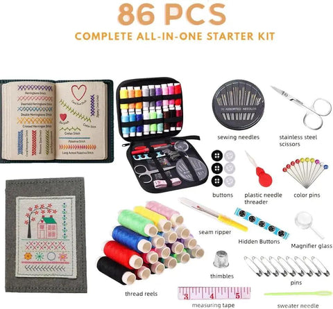 DIY Embroidery Stitch Book Kit With 106 Illustrated Stitches, Free Tutorials, 86-Piece Sewing Tool Kit layout overview