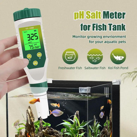 5 In 1 Water Tester With LCD Backlit For pH TDS EC Salt And Temperature Readings Digital Meter in use with fish tank