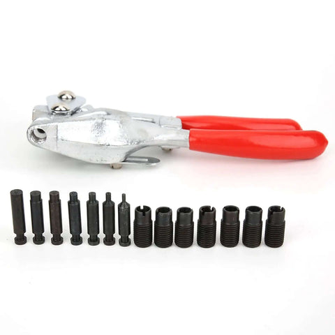 Handheld Power Punch Kit With Dope Stainless Steel Punch Pliers And 16 Piece Tool Set displayed with red handles and accessory pieces