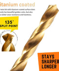 Close-up of titanium coated drill bit showing 135° split point from the 230 Pc Titanium Coated Twist Drill Bit Set HSS 4241.
