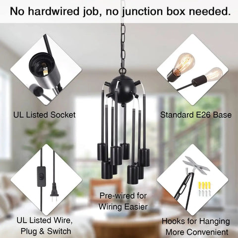 Eight Light Plug In Sputnik Pendant Chandelier With On Off Switch Dope Black Modern Ceiling Light 16 Feet Cord