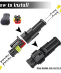 Installation guide of 1008Pcs 63 Set Waterproof Automotive Electrical Connectors Kit showing assembly of connectors and pins.