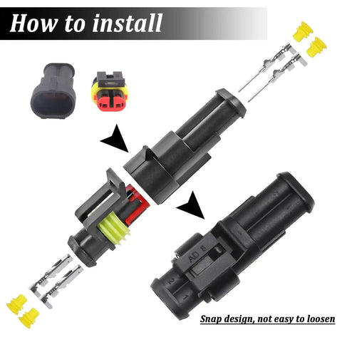 Installation guide of 1008Pcs 63 Set Waterproof Automotive Electrical Connectors Kit showing assembly of connectors and pins.