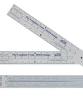 All In One Cross Stitch Gauge With Scales For 11 14 16 18 20 22 25 26 28 30 32 And 36 Count Fabrics Lets You Count Stitches Size Designs And Plan Where To Start Plus Floss Number Comparison Chart For DMC Coast And Anchor. Image shows a cross stitch gauge tool with measurement scales and floss color chart.