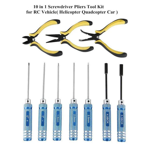10 In 1 RC Tools Kit Box Set With Screwdrivers Pliers Hex Wrenches And Box Spanners For Helicopters And Multirotors Pro Grade Steel