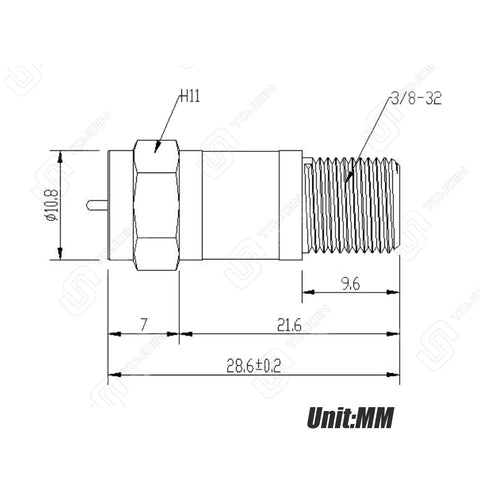 Detailed diagram of Inline F Type RF Coax DC Block Adapters 75 Ohm Impedance 5 MHz To 2400 MHz Two Pack showing dimensions