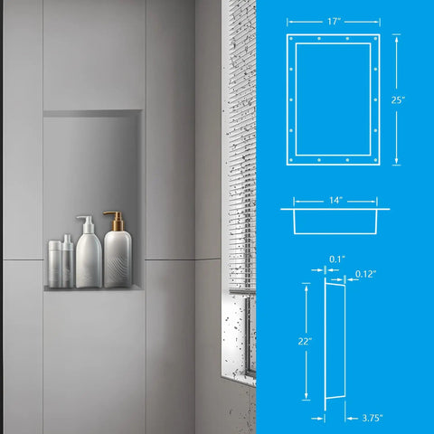 Shower Niche Shelf For Tiled Bathrooms 17 By 25 By 4 Inches Water Resistant Large Wall Niche Insert Inside 14 By 22 Inches with diagram