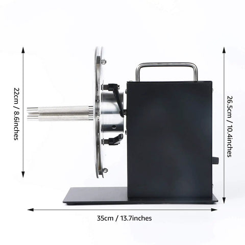 Side view of Automatic Label Rewinder Machine For Printers Bidirectional Rewinder with adjustable core holder, measured dimensions.