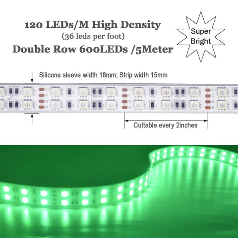 Five 5M RGB LED Strips Kit With IP67 Waterproof Silicone Sleeve, SMD5050 Double Row 120 LEDs Per Meter detail view.