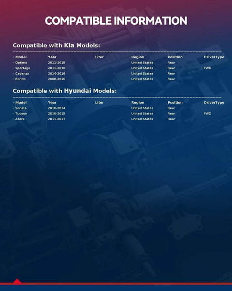 Compatibility chart for Kia and Hyundai models including Sonata, Optima, Sportage, Tucson, Azera, Rondo, Cadenza for rear wheel hub.