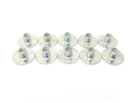 Top Shelf Round Base Weld Nuts With 10-32 Threads And Tough Zinc Coating, set of 10 with 3/4 inch round flat bases.