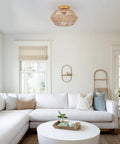 Boho Rattan Ceiling Light Fixture Flush Mount Handcrafted Woven Mini Chandelier With Gold Brass Brush Finish in living room