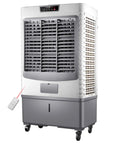 Heavy Duty Portable Swamp Cooler With 13.2 Gallon Water Tank And Six Frozen Ice Packs, grey and white design with remote control.