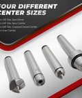 MT2 Wood Lathe Live Center Set With 4 Piece Spur Cup Kit showing four different center sizes on display