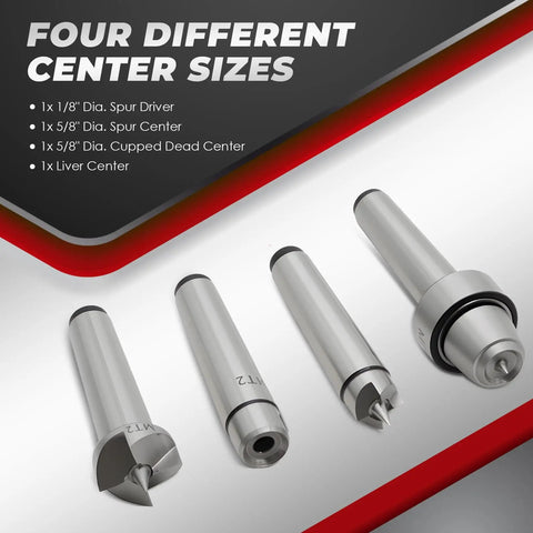 MT2 Wood Lathe Live Center Set With 4 Piece Spur Cup Kit showing four different center sizes on display
