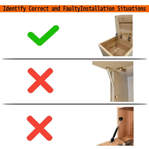 Correct and incorrect installation of Two Pack Soft Close Toy Box Hinges With 100N Gas Strut for toy chests and storage boxes.