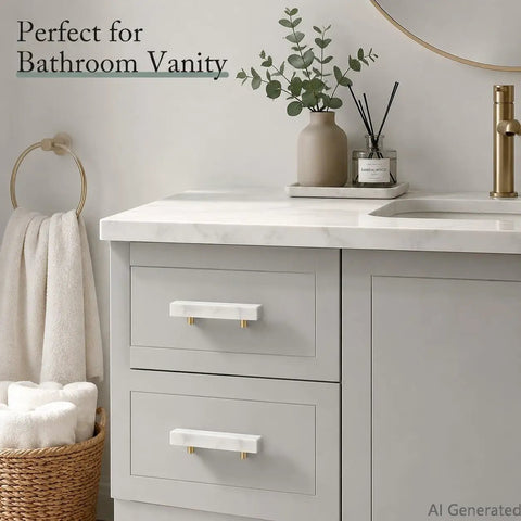 Straight Up Premium White Marble Cabinet Pulls With Slick Gold Aluminum Drawer Handles 3.78 Inch 96Mm Center To Center 4Pack in bathroom vanity