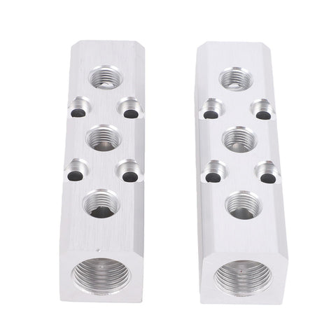 2 Pack Aluminum Air Manifold 3 Way 5 Port Pneumatic Distribution Block For Air Compressor With One Quarter Inch NPT Output Ports And One Half Inch NPT Inlet Inline Splitter For Your Air Tool Setup displayed on white background
