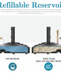 Beefed Up Heavy Duty Outdoor Umbrella Base With Five Wheels, Fillable To 100 Lbs, showing water and sand filling options.