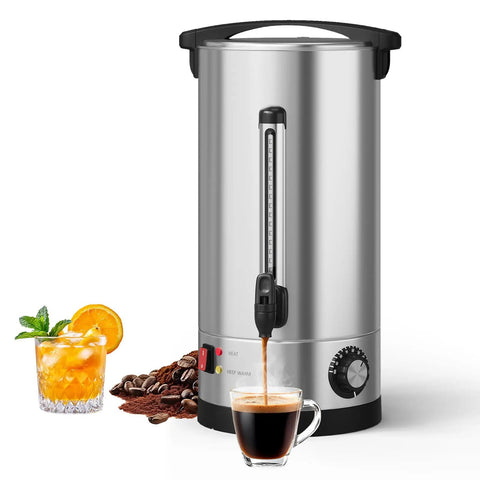 Heavy Hitter Double Wall Stainless Steel Coffee Urn Commercial Hot Beverage Dispenser Holds 110 Cups pouring coffee into a cup.