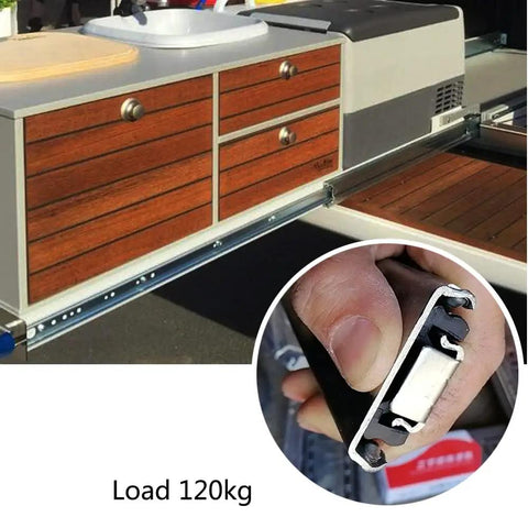 No Nonsense Heavy Duty Ball Bearing Drawer Slides With Solid Locking Feature Double Thick Cold Rolled Steel Cabinet Runners Handle Maximum Payload No Stress For Real World Builds on a cabinet showing 120kg load capacity.