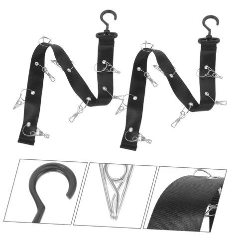 2 Piece Hockey Equipment Drying Rack Gear Straps Portable Hanging Organizer For Skates Helmets Shinguards Keeps Pads Off Floor Moisture Free Easy Storage Solution For Home Or Team Locker with black nylon straps and metal clips.