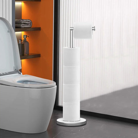 Freestanding Toilet Paper Holder With Reserve Storage Holds 3 To 4 Rolls 22 Inch Matte Black Stainless Steel Stand Weighted Base