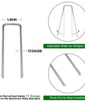 Image showing dimensions of 4 Inch Landscape Staples. Includes 12 gauge galvanized steel with adjustable width for securing landscape fabric.