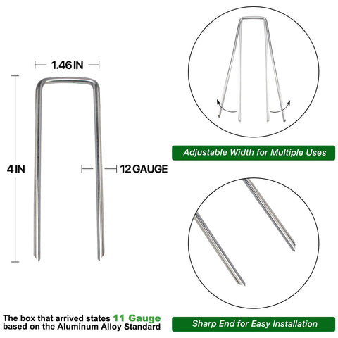 Image showing dimensions of 4 Inch Landscape Staples. Includes 12 gauge galvanized steel with adjustable width for securing landscape fabric.